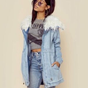 Show Me Your Mumu Denim Jacket with faux fur collar